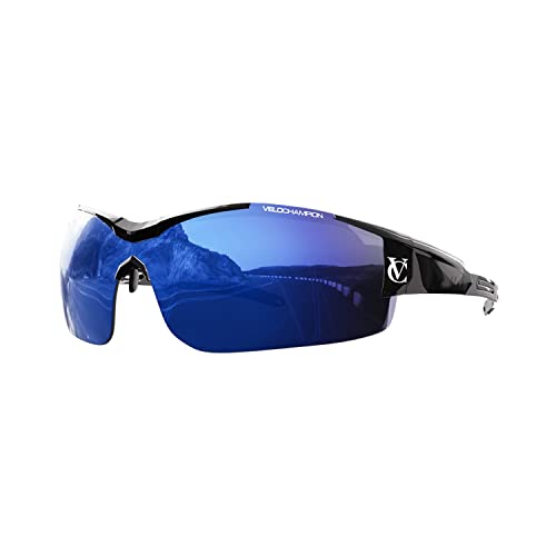 VeloChampion Biking-Sportsonnenbrille mit UV400-Augenschutz plus 2 Ersatzgläsern. Schwarzer TR90-Rahmen. (Schwarz/Blau) von VeloChampion