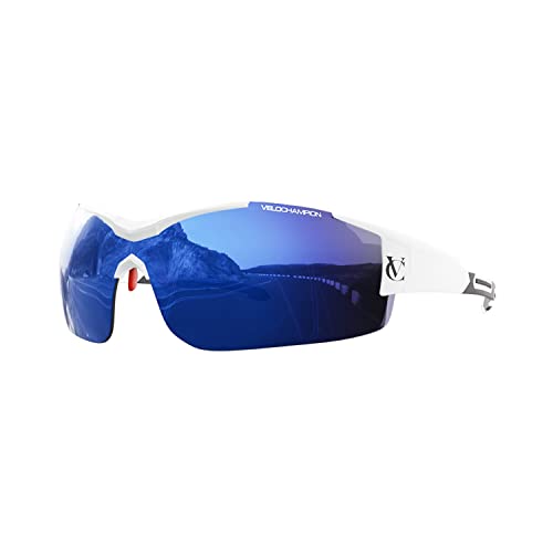 VeloChampion Biking-Sportsonnenbrille mit UV400-Augenschutz plus 2 Ersatzgläsern. Schwarzer TR90-Rahmen. (Weiß/Blau) von VeloChampion