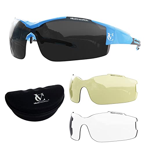 VeloChampion Biking-Sportsonnenbrille mit UV400-Augenschutz plus 2 Ersatzgläsern. Schwarzer TR90-Rahmen. (Blau/Schwarz) von VeloChampion