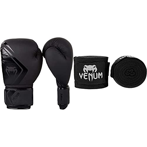 Venum Contender 2.0 Boxhandschuhe, Schwarz/Schwarz, 16 Oz & Erwachsene Bänder Kontact Handgelenk und Armschoner, Schwarz, 4m von Venum