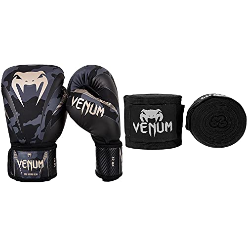 Venum Impact Boxhandschuhe Thai Boxen, Kick Boxing, Dunkel Tarnen/Sand, 14 oz & Erwachsene Bänder Kontact Handgelenk und Armschoner, Schwarz, 4m von Venum