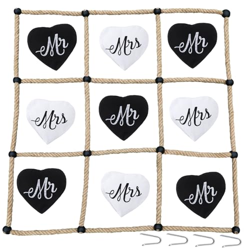 VercanMonth 0.9 x 0.9 m Wedding Tic Tac Toe Game Instant Setup No Assembly Tic Tac Toe Outdoor Game Bean Bag Toss with Rope Game Board Heart Mr Mrs Cornhole Bag Set V Shaped Ground Nail Family Boys von VercanMonth