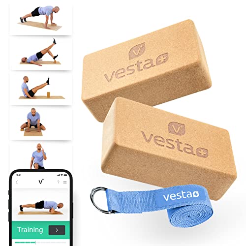 Vesta+ Yoga Block Kork 2er Set mit Yoga Gurt, Yogablock Kork Testsieger als Yoga Block 2er Set, Dein nachhaltiges Yoga Zubehör aus Naturkork und Baumwolle als Yoga Set, Yoga Blocks Set 2 Yoga Klötze von Vesta+