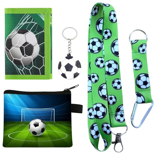 Grüner Fußball Style Portemonnaie Kinder, Fußball Geschenke, Brustbeutel Kinder Set mit 2 Lanyards, 1 Handtasche und 1 Fußballanhänger, Praktisches Portemonnaie für Geldbeutel Jungen Mädchen von Vexilon
