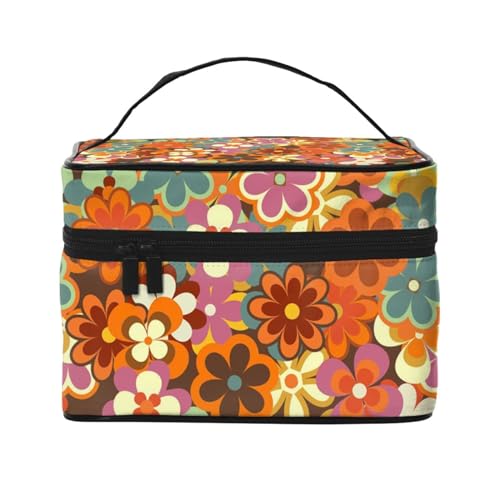 VhoMes Make-up-Tasche, große Kosmetiktasche, tragbare Reisetasche, Leder, wasserdicht, für Damen und Mädchen,Buntes Blumenmuster im Retro-Stil der 70er Jahre von VhoMes