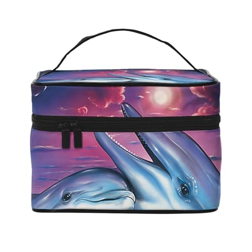 Make-up-Tasche, große Kosmetiktasche, tragbare Reisetasche, Leder, wasserdicht, für Damen und Mädchen,Delfin Bedruckt von VhoMes