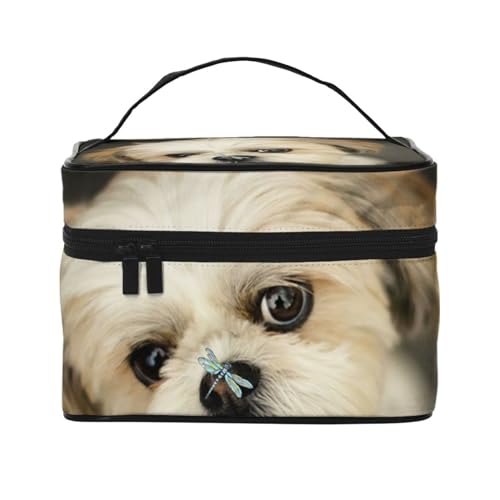 Make-up-Tasche, große Kosmetiktasche, tragbare Reisetasche, Leder, wasserdicht, für Damen und Mädchen,Shih Tzu Kleiner Hund von VhoMes