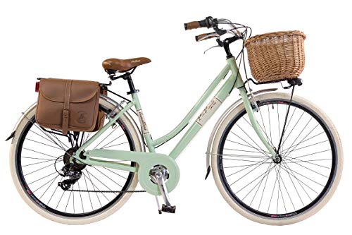 Via Veneto by Canellini Damen Citybike CTB Vintage Stil Rad Cityrad Fahrrader Bike Aluminium mit Korb Taschen und Klingel Via Veneto Bell Ring (46, Hellgrun) von Via Veneto by Canellini