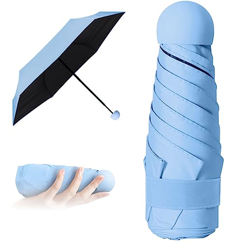 Vicloon Mini Regenschirm, Taschenschirme Mit 5 Rippen, 210T Stoff & Aluminium Schirmständer, Sonnenschutz Regenschirm Im Freien UV Faltender Regenschirm, Goldener Griff, Leicht Kompakt - Himmelblau von Vicloon