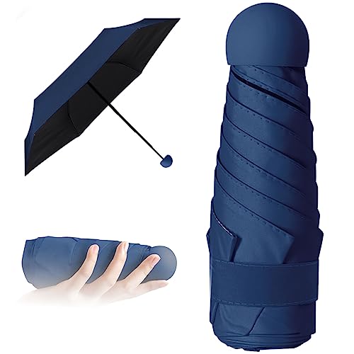 Vicloon Mini Regenschirm, Taschenschirme Mit 5 Rippen, 210T Stoff & Aluminium Schirmständer, Sonnenschutz Regenschirm Im Freien UV Faltender Regenschirm, Goldener Griff, Leicht Kompakt - Marineblau von Vicloon