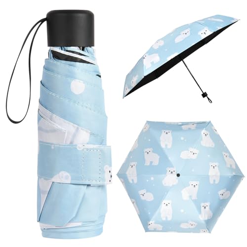 Vicloon Taschenschirm Ultraleicht, Mini Umbrella mit 6 Edelstahl Rippen, Kompakt, Faltender UV-Regenschirm für Erwachsene und Kinder, Leicht Kompakt, Stetig, Eisbär Muster, 220g von Vicloon