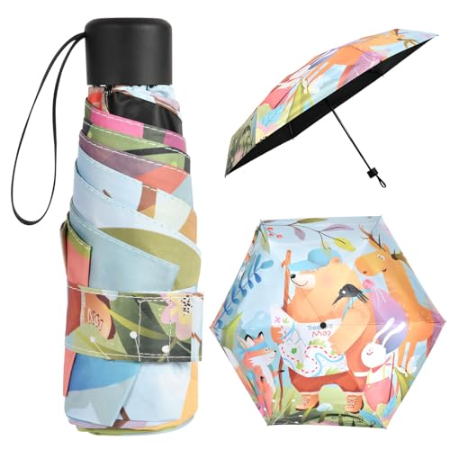 Vicloon Taschenschirm Ultraleicht, Mini Umbrella mit 6 Edelstahl Rippen, Kompakt, Faltender UV-Regenschirm für Erwachsene und Kinder, Leicht Kompakt, Stetig, Waldtiere Muster, 220g von Vicloon