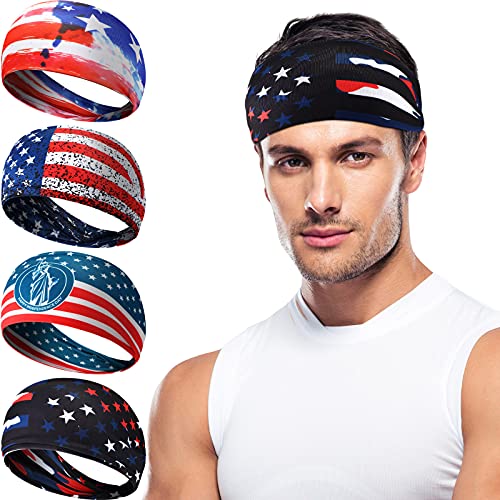 Vicpen 4 Stück Sport-Schweißbänder mit amerikanischer Flagge, elastisches Stirnband, patriotische Haarbänder, Unisex, feuchtigkeitsableitendes Schweißband für Männer und Frauen, Walking, Basketball von Vicpen