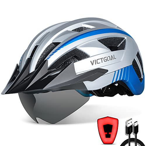 VICTGOAL Fahrradhelm Herren Damen MTB Helm mit Abnehmbarer Magnetische Schutzbrille Visier Atmungsaktiv mit 21 Belüftungskanäle Radhelm Einstellbare Fahrradhelme (M: 54-58cm, Silber) von Victgoal