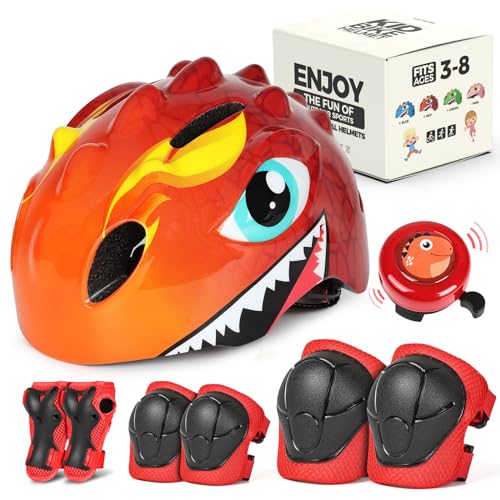 VICTGOAL Fahrradhelm Kinder zu Radsport Niedliche Cartoon 3D Gestaltet Kinderhelm für Fahrrad Skateboard Rollschuh für Jungen und Mädchen Verstellbare Größe (Rot Set mit Klingel, S (50-54 cm)) von Victgoal