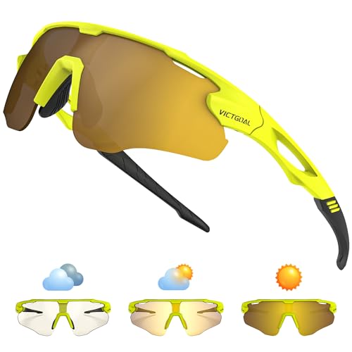 Victgoal Fahrradbrille Herren Selbsttönend Sport Sonnenbrille UV400 Schutz TR90 Rahmen Fahrradbrille Damen für Radfahren Laufen Angeln Sportbrille (Gelb) von Victgoal