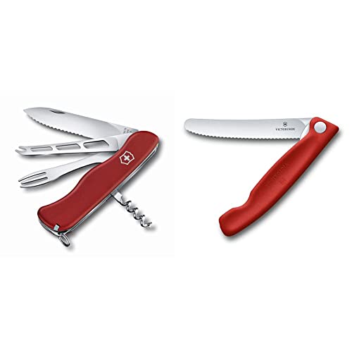 Victorinox, Taschenmesser, Cheese Master W, 111 mm, rot (8 Funktionen, Klinge, Käseklinge, Fondue Gabel), Feststellklinge & Swiss Classic Faltbares Gemüsemesser, Wellensch., rot, Blister von Victorinox