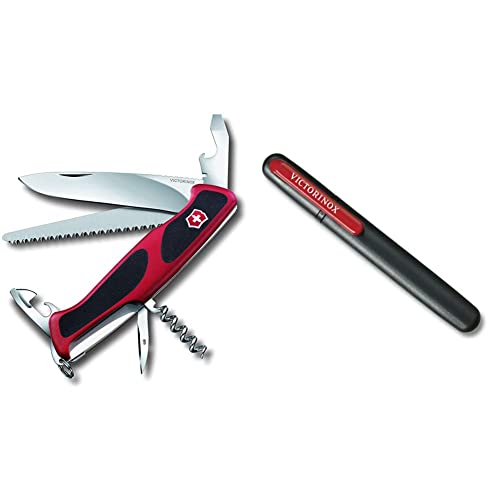 Victorinox Taschenmesser Ranger Grip 55 (12 Funktionen, Feststellklinge, Säge) rot/schwarz & Dual-Messerschärfer, Tragbar, Schleifstein für Grobschliff, Keramikplättchen für Feinschliff von Victorinox