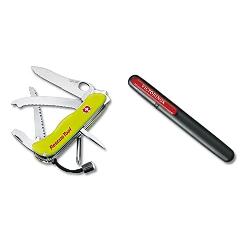 Victorinox Taschenmesser Rescue Tool (15 Funktionen, Frontscheibensäge) gelb Nachtleuchtend & Dual-Messerschärfer, Tragbar, Schleifstein für Grobschliff, Keramikplättchen für Feinschliff von Victorinox