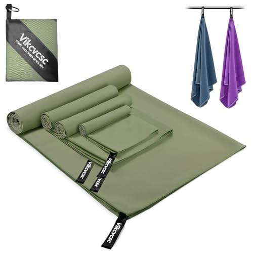 Vikcvcsc Mikrofaser Handtuch 4er Set-180x80cm Microfaser Badetuch Groß+2er 80x40cm Sporthandtuch+40x30cm Handtücher, Reisehandtuch Schnelltrocknend für Fitness Strand-Microfaser Handtücher Armeegrün von Vikcvcsc