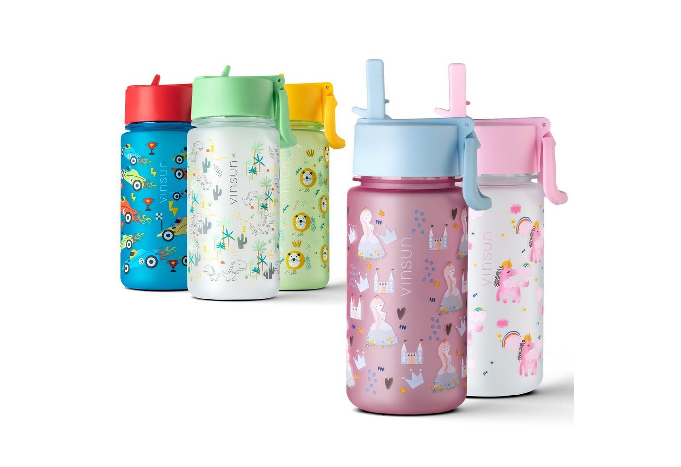 Vinsun Trinkflasche Trinkflasche Kinder 500ml - Auslaufsicher mit Strohhalm - Prinzessin, BPA frei, auslaufsicher, bruchsicher, Geruchs- und Geschmacksneutral von Vinsun