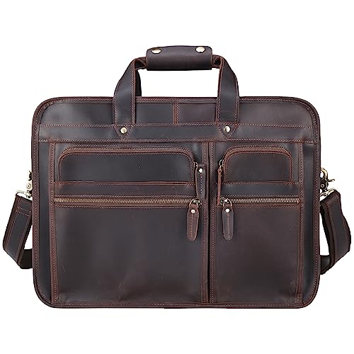 TIDING Leder Aktentasche für Herrentasche 15.6 Laptoptasche Office, Leder Umhängetasche mit Trolly Strap Vollnarbenleder mit Premium YKK Reißverschlüssen Braun von TIDING