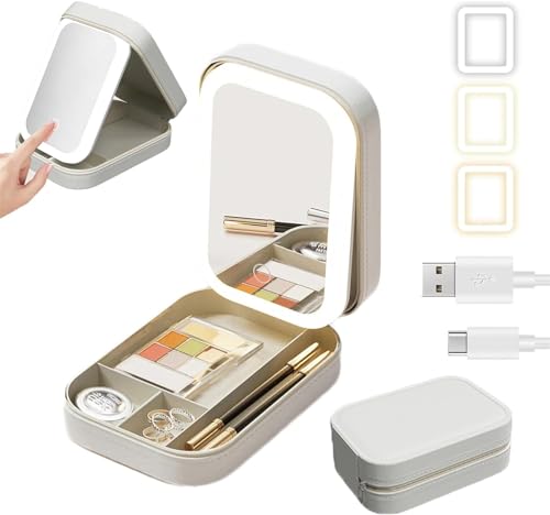 Integrierte Make-up-Aufbewahrungsbox mit lichtfüllendem Spiegel,ergänzendes LED-Kosmetikkoffer, Make-up-Aufbewahrungsbox mit LED-Lichtspiegel,tragbare Kosmetiktasche (Weiß) von Vinxan