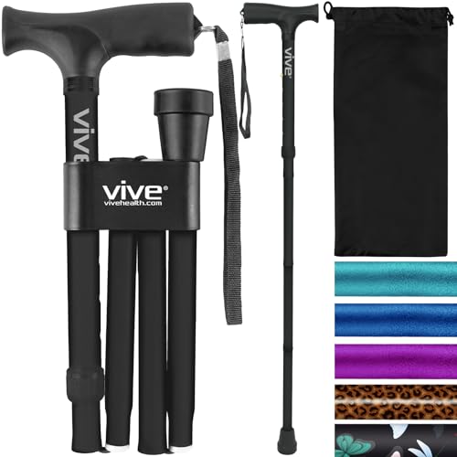 Folding Cane by Vive - Sturdy Lightweight Walking Stick for Men & Women - Collapsible Cane Design for Portability & Convenience - Sleek & Fashionable Look - Lifetime Guarantee (Black) by VIVE von Vive