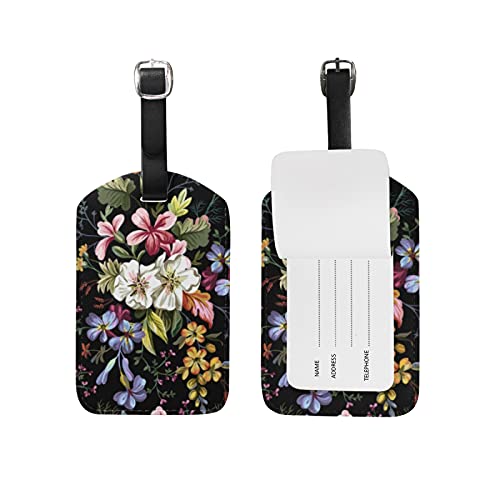 Bunte Schwarze Blume Kofferanhänger mit Adressschild Lustig Leder Gepäckanhänger ID Etikett mit Namenschild für Reise Koffer Tasche(3PACK) von Vnurnrn