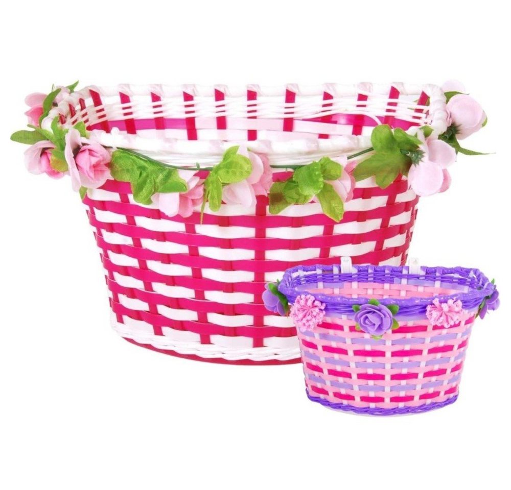 Volare Fahrradklingel Geflochtener Fahrradkorb mit Blumen-Muster für Mädchen in Weiß/Rosa von Volare