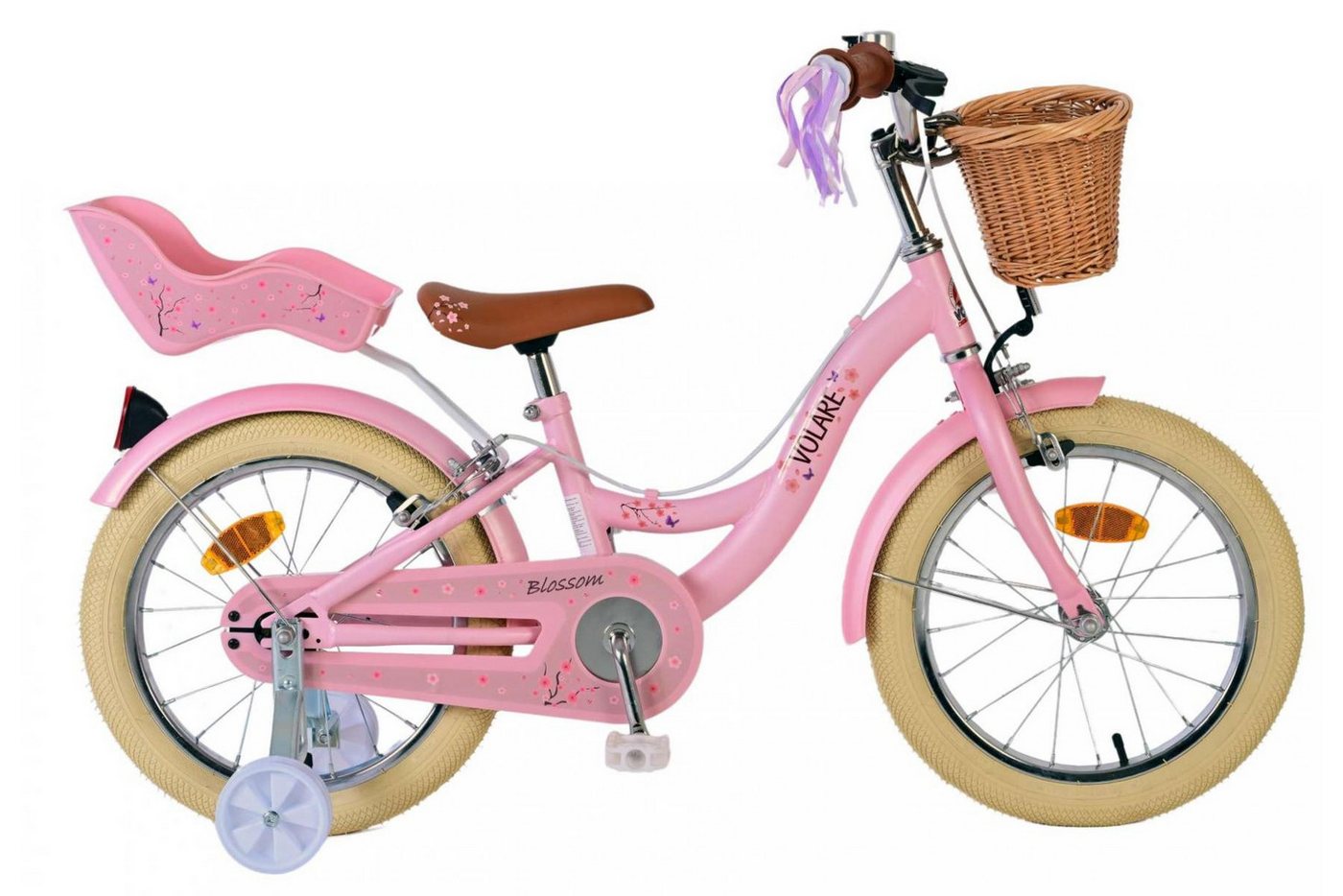 Volare Kinderfahrrad Volare Blossom - Mädchen - 16 Zoll - Rosa - Zweihandbremsen, abnehmbare Seitenräder, geschlossener Kettenschutz, Puppensitz von Volare