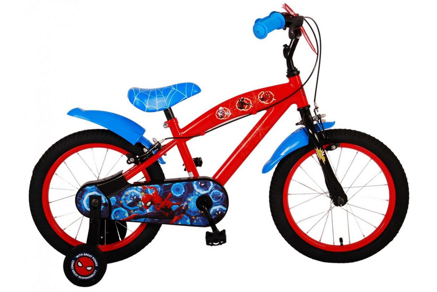 Volare Kinderfahrrad Volare Ultimate Spider-Man - Jungen - 16 Zoll – Blau/Rot, Geschlossener Kettenschutz, abnehmbare Seitenräder von Volare