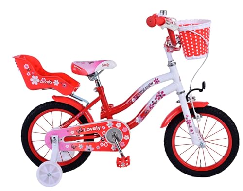 Volare Lovely 14 Zoll Kinderfahrrad rot/weiß mit Hand- und Rücktrittbremse, Stützrädern und Korb von Volare