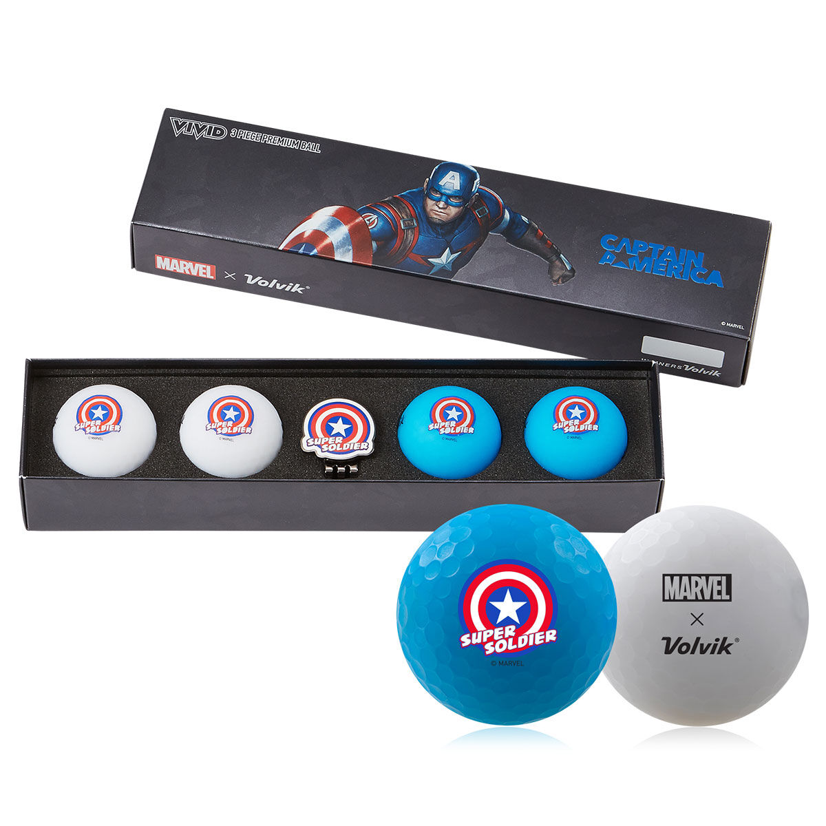 Volvik White and Blue Marvel Captain America 4 Golf Ball Pack & Marker | American Golf, one size von Volvik
