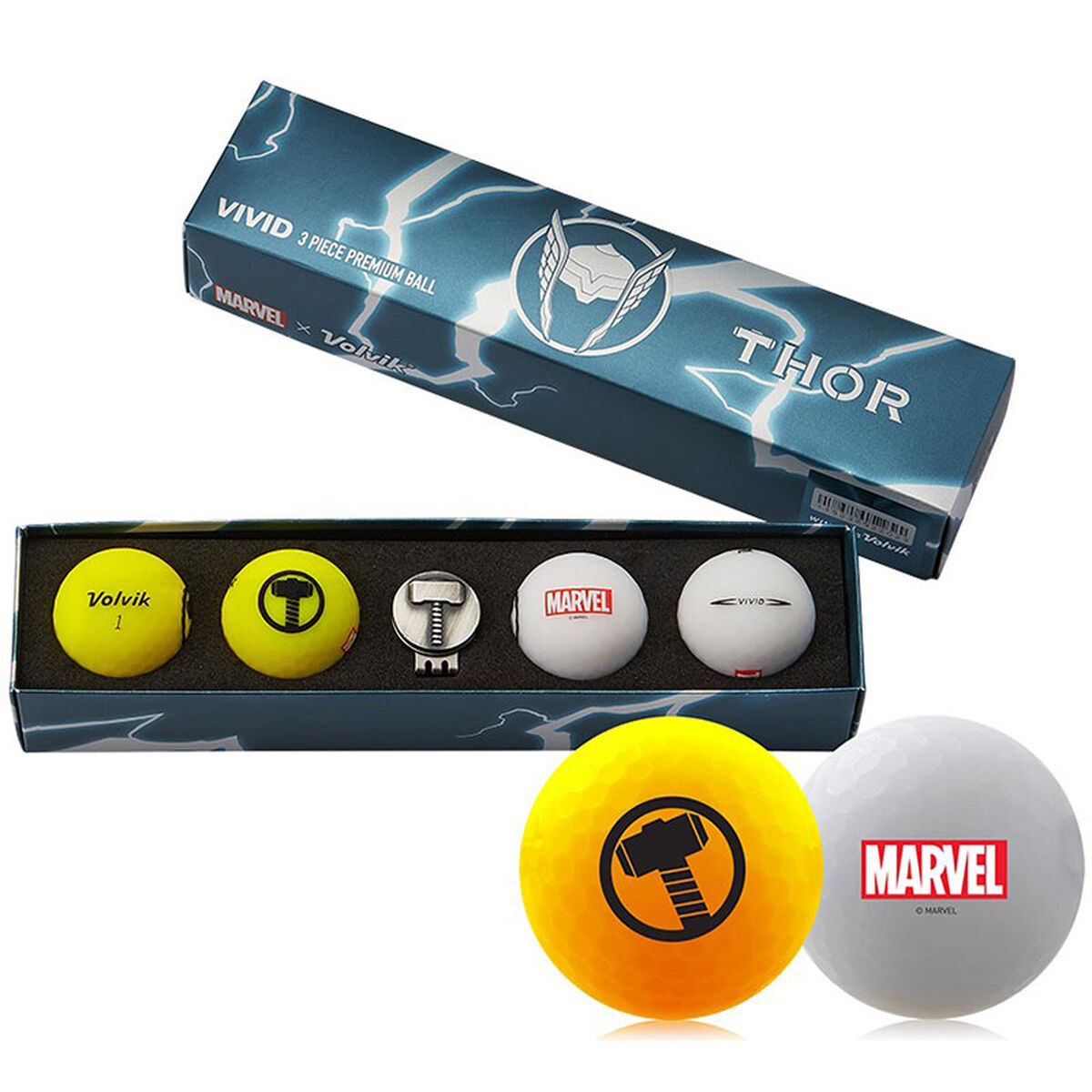 Volvik Yellow, White and Black Thor Print Marvel 4 Pack of Golf Balls with Marker, One Size | American Golf - Father's Day Gift von Volvik