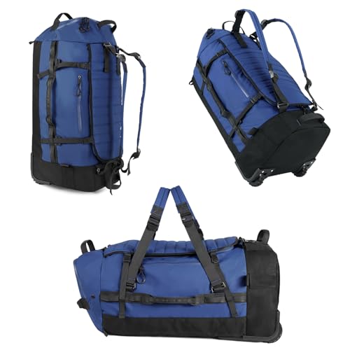 Vomgomfom 86L Faltbare Reisetasche auf Rädern, Wasserdichter Rollrucksack mit Gestepptem Boden, Marineblau von Vomgomfom