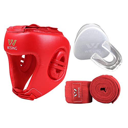 Wesing Box-Kopfbedeckung mit Handbandagen Mundschutz AIBA Kopfschutz-Sets (rot, M) von W WESING