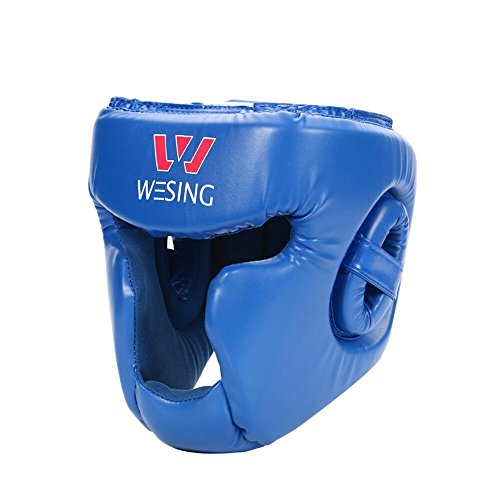 Wesing Kopfschutz für Boxen/Kampfsport, geschlossen, MMA, Kickboxen, Training - Blue Micro Fiber Leather - m von W WESING