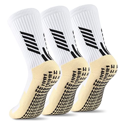 WACCET 3 Paar Fußball Socken Rutschfeste, Anti-blasen Unisex Sportsocken Gepolstert Trekking Wandersocken Atmungsaktive Basketball Fussball Socken für Herren/Dame/Kinder (Weiß. M -3Paare) von WACCET