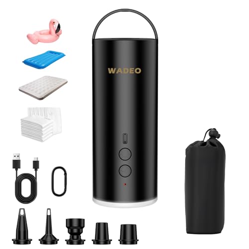 WADEO Elektrische Luftpumpe, 4000mAh Wiederaufladbare Akku Luftpumpe, Mini Luftpumpe Elektrisch Inflator mit 6 Luftdüsen, Schnell Inflator für Schlauchboot/Luftmatratze/Planschbecken/Schwimmring von WADEO