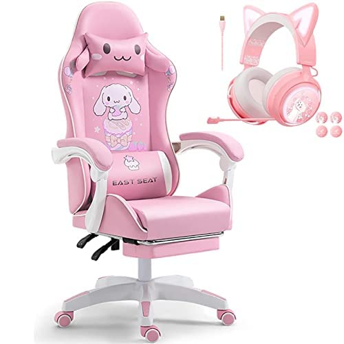 Bürostuhl, hohe Rückenlehne, PU-Leder, Rennstuhl, ergonomischer Stuhl, verstellbare Rückenlehne und Fußstütze, geeignet für Büro, Schlafzimmer, Computerstuhl, Pro-Gaming-Stuhl/Rosa/eine Seite To von WADRBSW