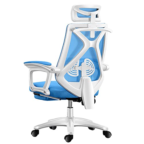 Bürostuhl mit hoher Rückenlehne, drehbarer Rollstuhl, ergonomischer Bürostuhl, mit Lendenkissen und einziehbarer Fußstütze, Netz-Bürostuhl mit gepolsterten Armlehnen und verstellbarer Kopfstütze, Blau von WADRBSW