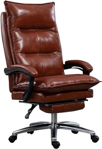 WADRBSW Sessel Chefbürostuhl Ergonomischer Computerstuhl für das Heimbüro, Drehstuhl aus echtem Leder mit einziehbarer Fußstütze (Farbe: Braun) to Pursue Happiness von WADRBSW