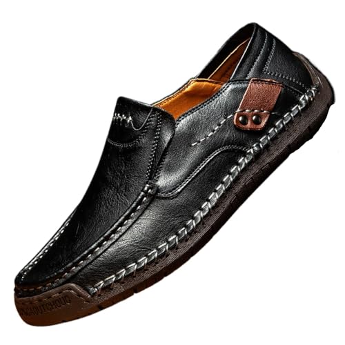 WAMIZEU Große Herren-Slipper aus zweilagigem Rindsleder, für Business, Freizeit, verschleißfest, zum Spazierengehen und formelle Anlässe (Schwarz, 47) von WAMIZEU
