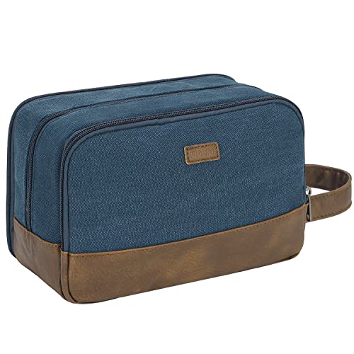 WANDF Kulturtasche für Herren Reise-Kulturtasche,Dopp-Kit aus Canvas,Wasserabweisende vegane Ledertasche für Rasierutensilien und Toilettenartikel (Blau) von WANDF