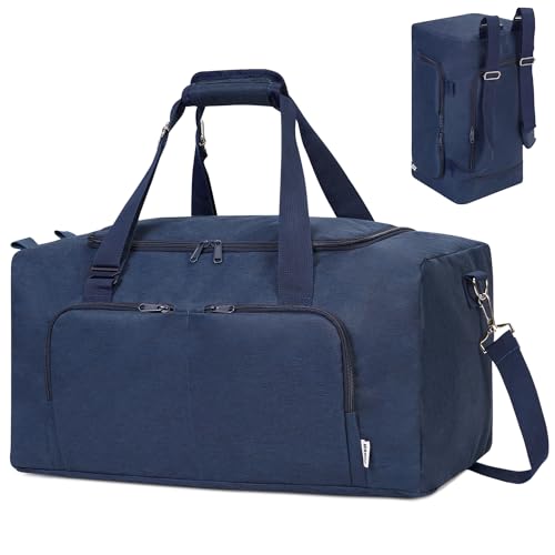 WANDF Leichte Faltbare Reisetasche 38L Wasserabweisende Sporttasche mit Rucksack Weekender Travel Gym Tasche Duffle Bag Fitnesstasche für Herren Damen (Marineblau, zum Patent angemeldet) von WANDF