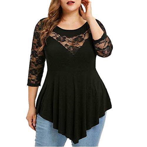 Bluse Damen Elegante Party Tops 3/4 Ärmeln Hemden Sexy Schwarzes Blumenspitze Patchwork T-Shirt Lässige Schlichte Tees Rundhalsausschnitt Pullover Tunika Asymmetrischem Oberteile Fließende Longshirts von WANGTIANXUE