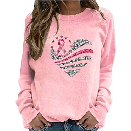 Brustkrebs Bewusstseins Pullover Shirts Damen Langarmshirts Tops Rundhals Sweatshirts Elegante Bluse Tunika Mode Rosa Schleife Herz Druck Grafik T-Shirts Oberteile Lässige Shirts Inspirierende Hemden von WANGTIANXUE