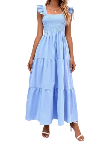 WANWEN Summer Smocked Dress, Short Sleeve Crewneck Elastic Waist Tiered Midi Dresses, Ladies Beach Party Dress (Blue,L) von WANWEN