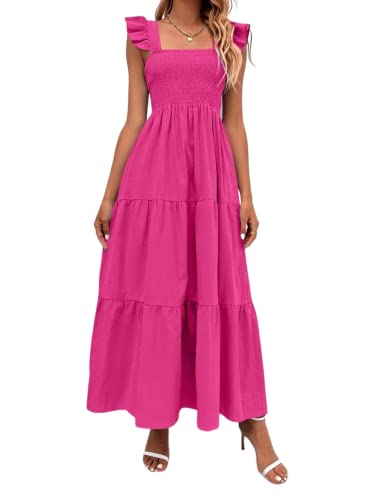 WANWEN Summer Smocked Dress, Short Sleeve Crewneck Elastic Waist Tiered Midi Dresses, Ladies Beach Party Dress (Red,L) von WANWEN